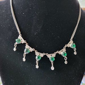 Art Deco Green Rhinestone Choker for Women, 30s Silver Floral Necklace, 1930s Vi